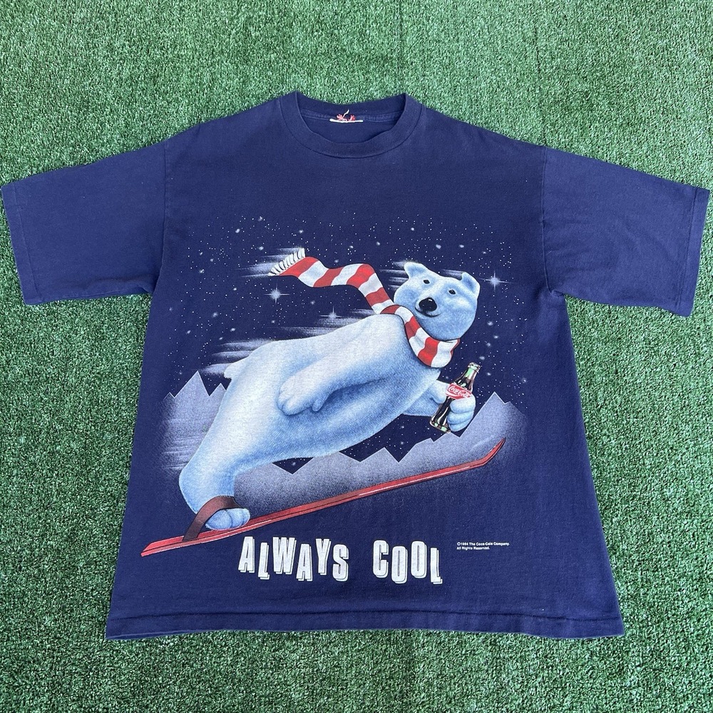 VTG 1994 Men's Coca-Cola "Always Cool" Polar Bear Skiing Navy Blue T-Shirt Large